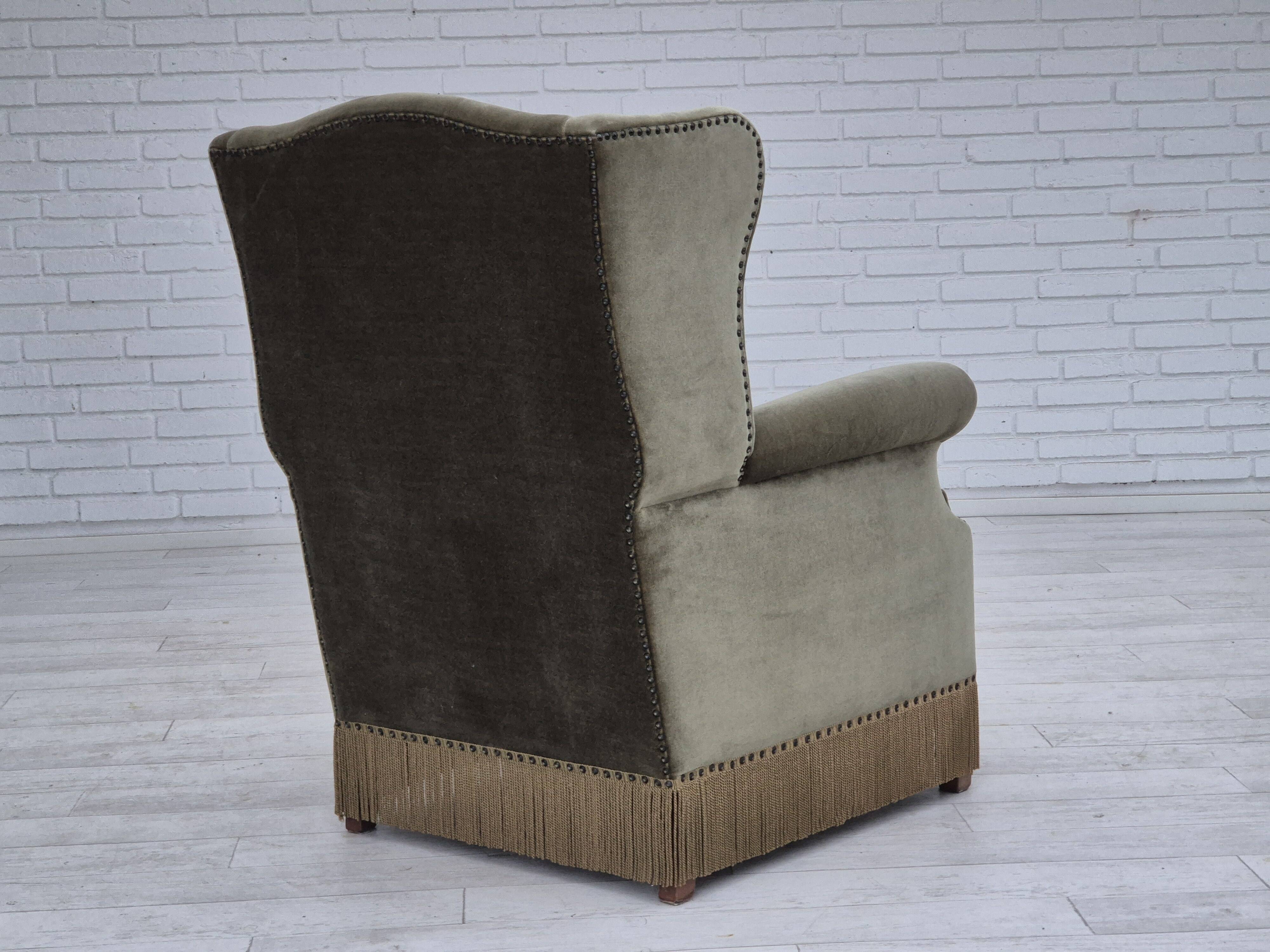 1970s, Danish highback armchair, original condition, furniture velour, double sided seat cushion.