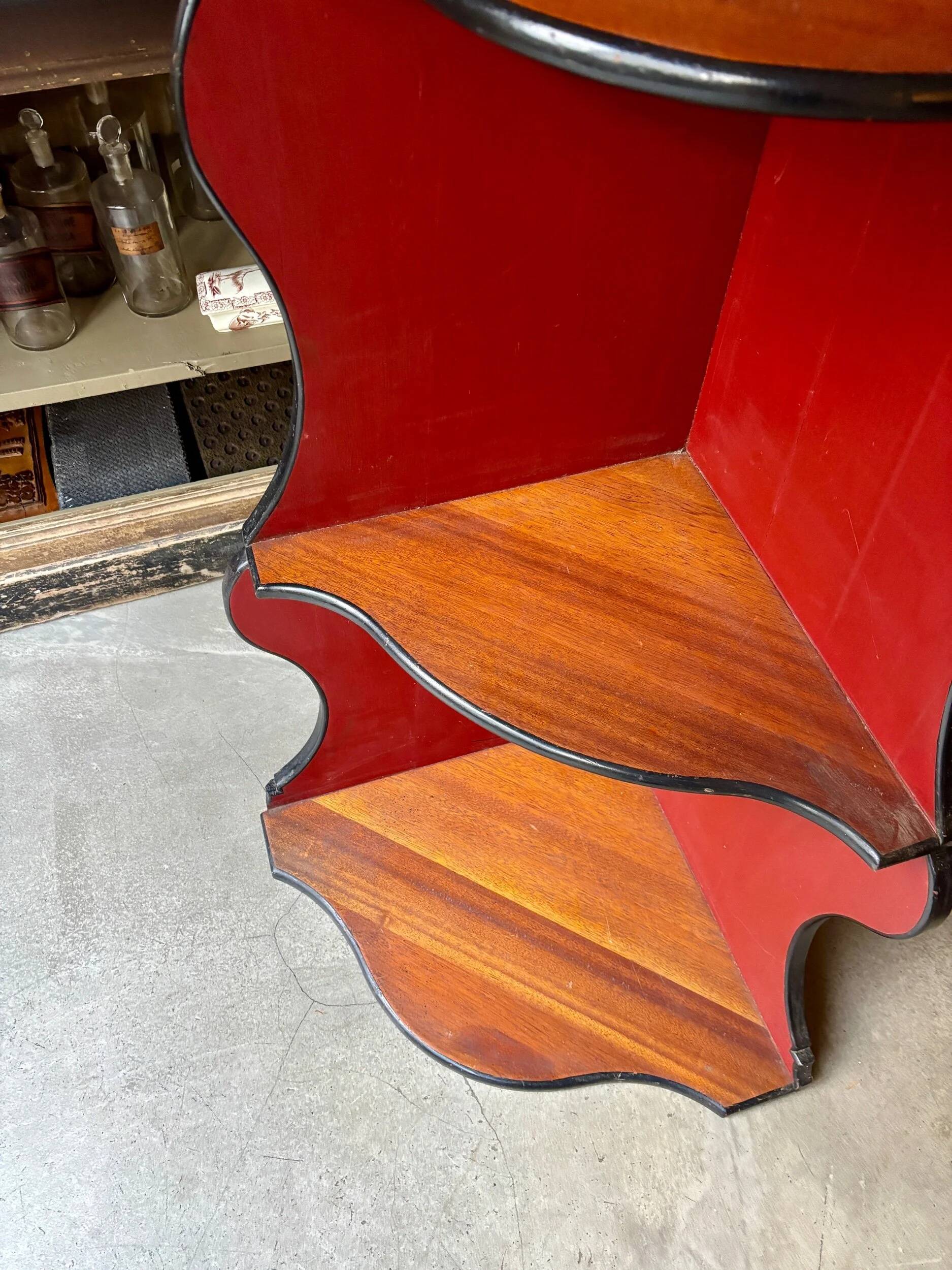 Dark wood corner unit, black and red
