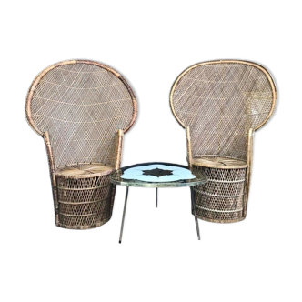 Pair of vintage Emmanuelle armchairs, antique peacock seating furniture