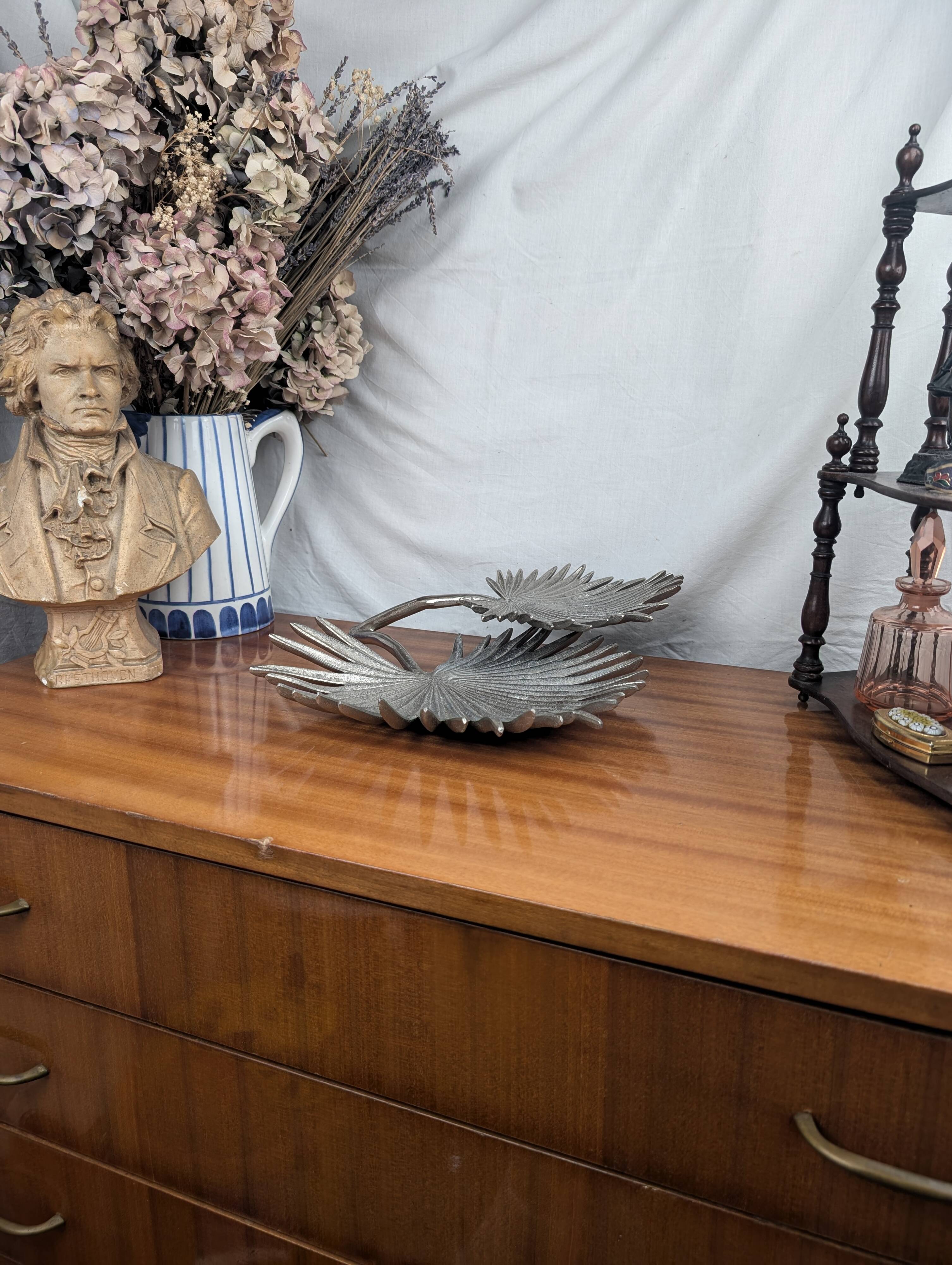 Vintage Two Tier Silver Metal Palm Leaf Fruit Basket