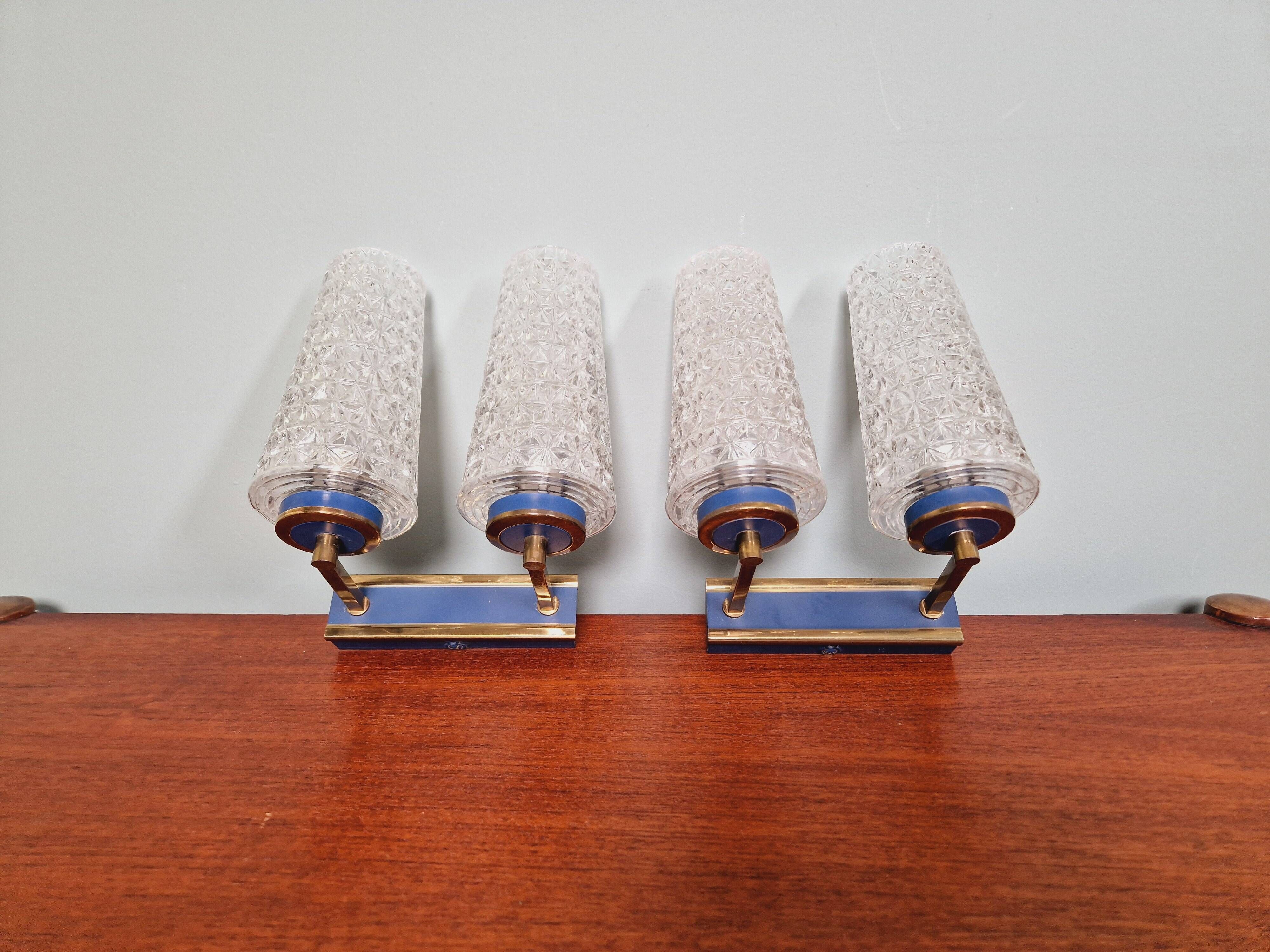 Pair of double wall lights in glass and blue lacquered metal, 1950s-60s