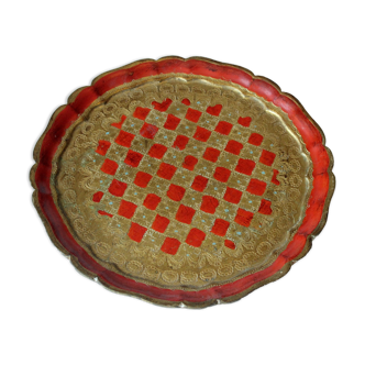 Round wooden florentine tray in red-gold, marked, made in Italy, vintage from the 1960s