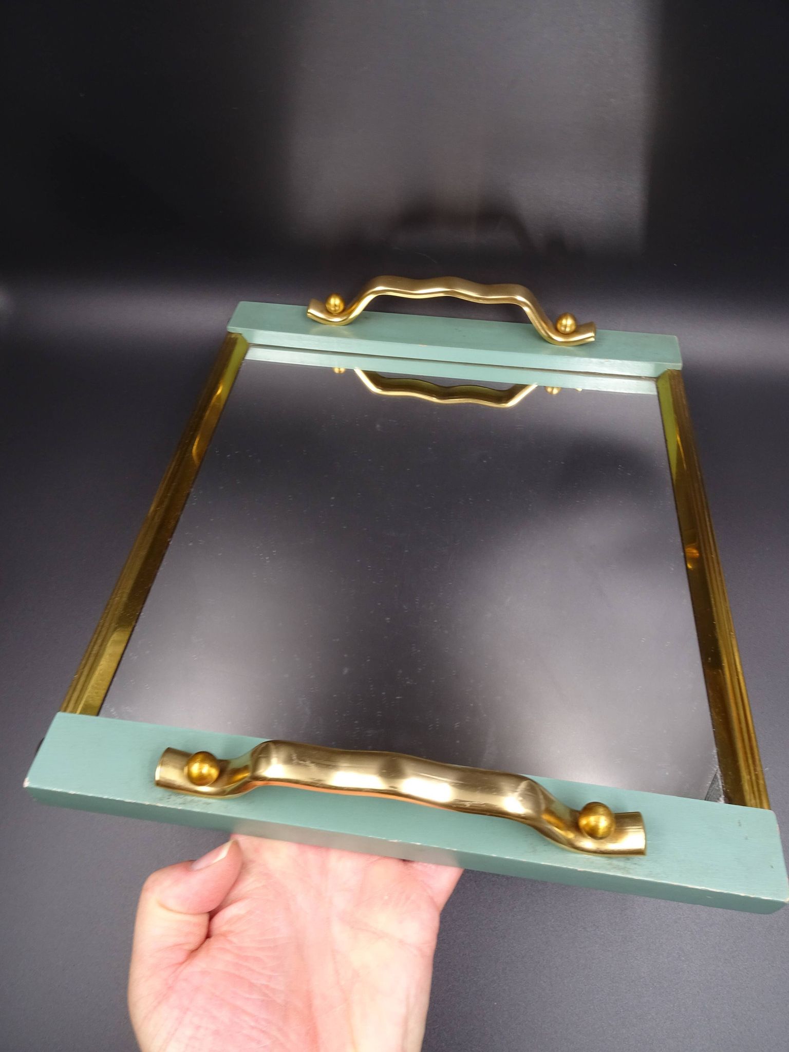 Plateau en bois métal et miroir vers 1950