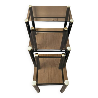 Set of 3 vintage nesting tables in smoked glass and black metal – 1970s