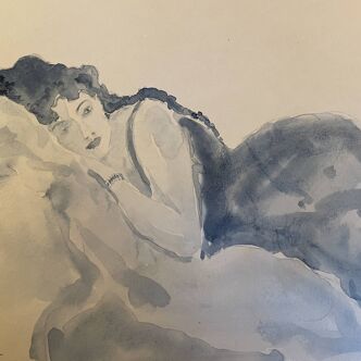 Painting signed blue monochrome watercolor portrait of a woman “Belle époque”