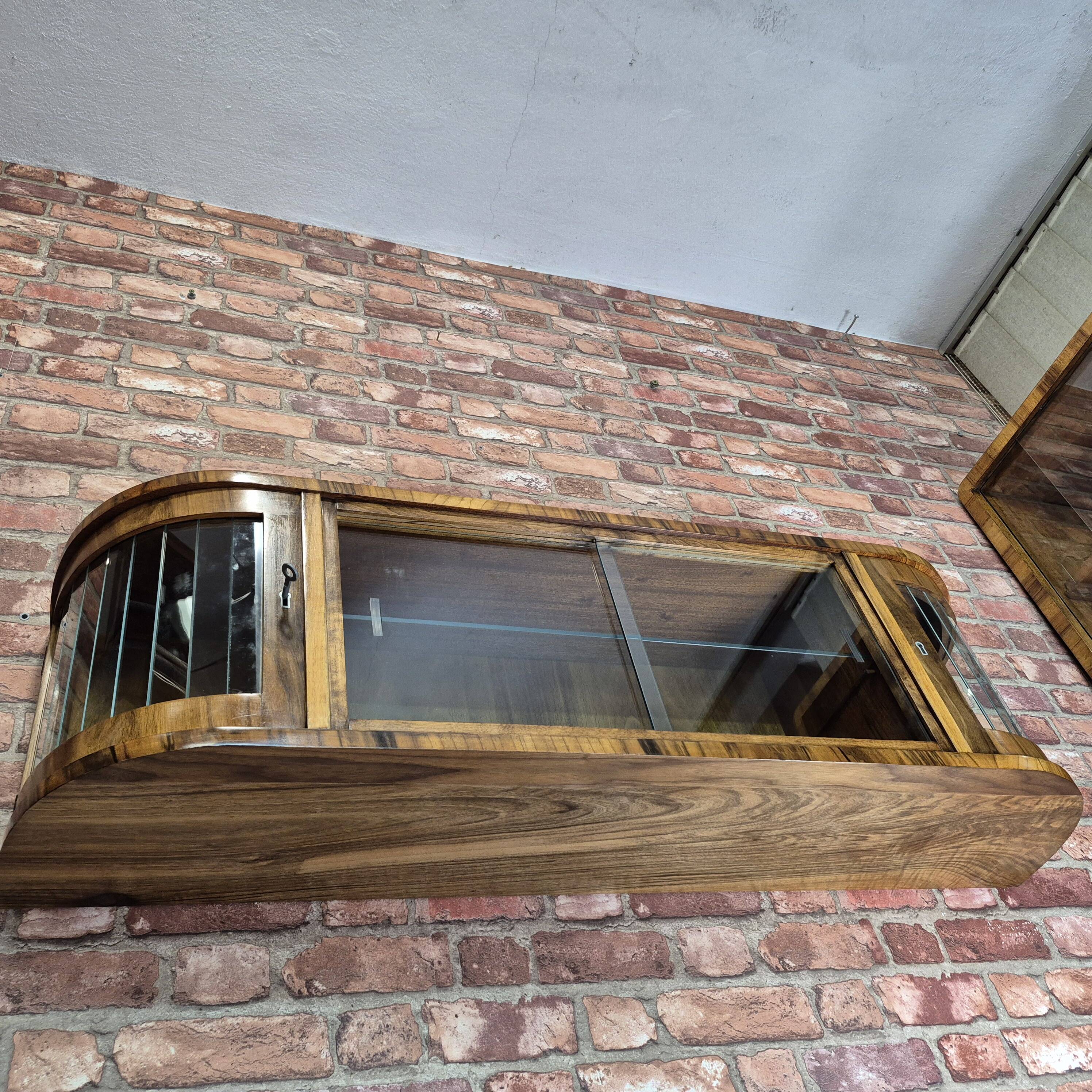 Rare 3-Zone Art Deco Walnut Wall Display Cabinet with Slatted Glass Doors