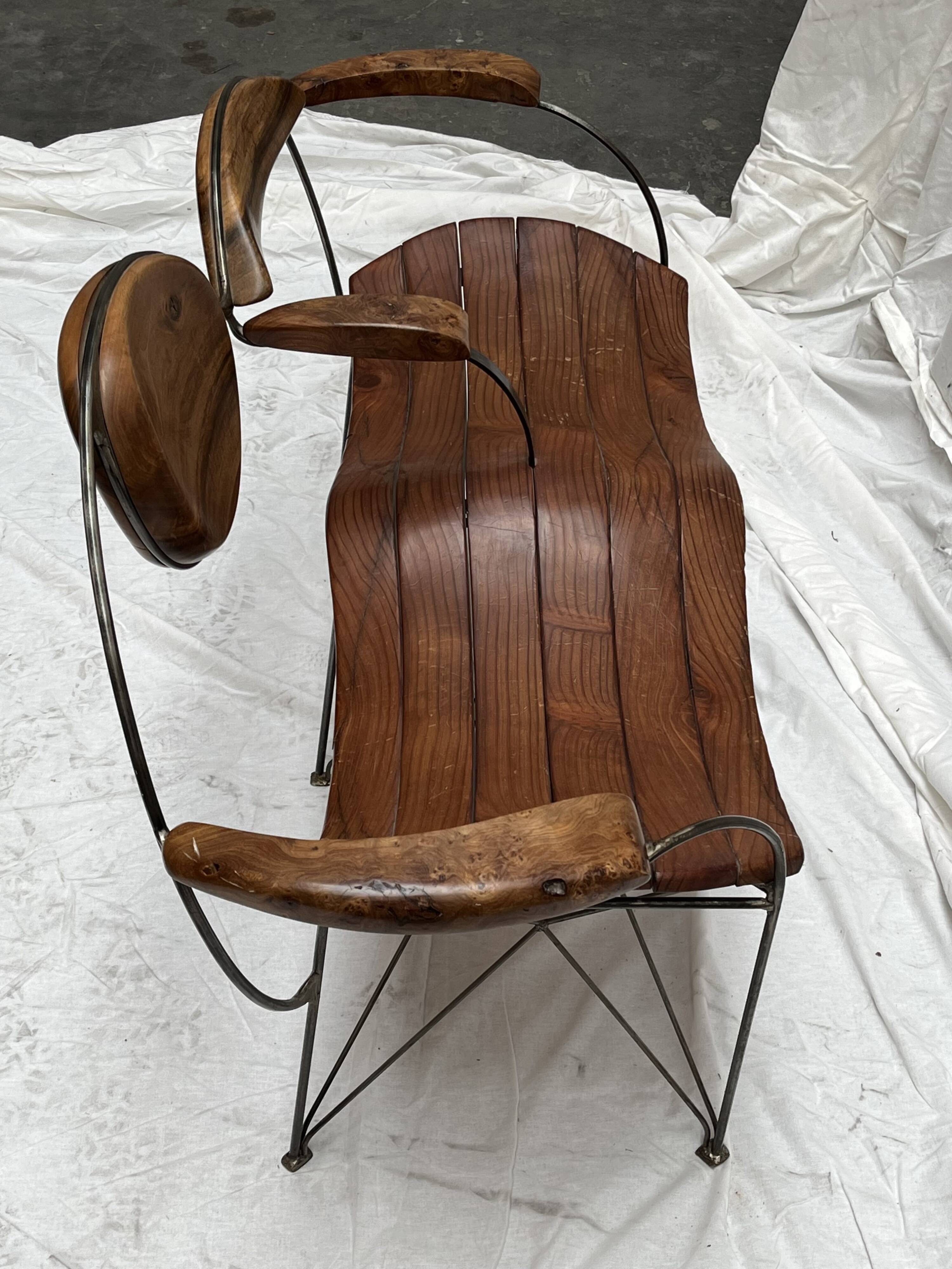 Contemporary double bench in wood and metal by Francis Veillerot (2004)