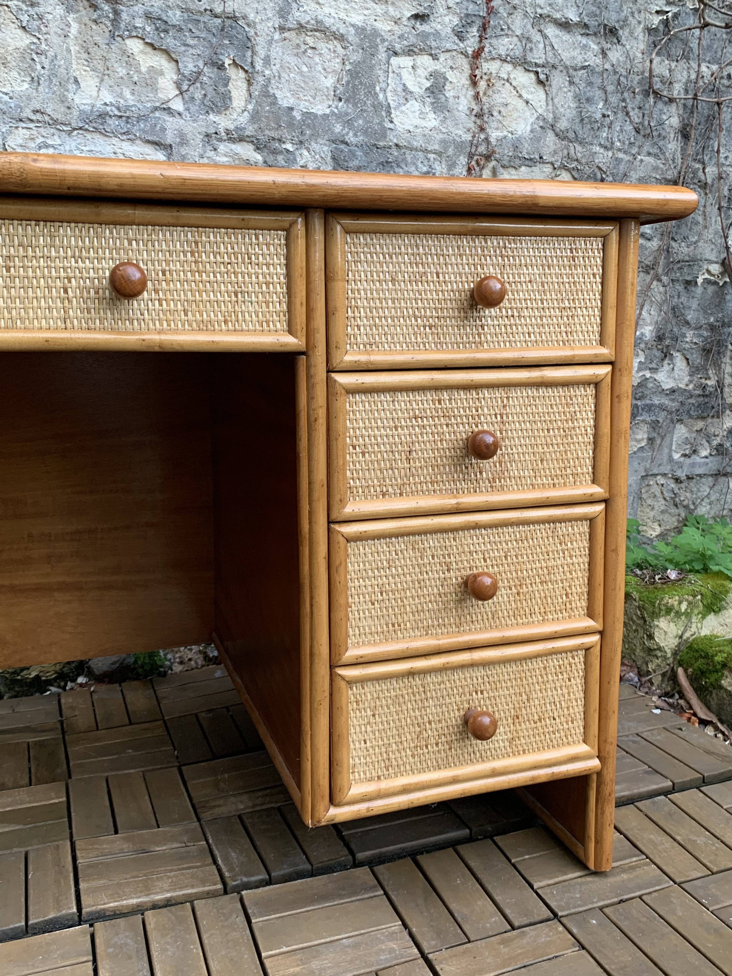 Vintage rattan and woven wicker desk 1970