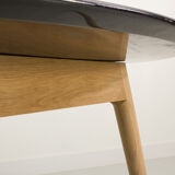 Round table, black lacquered top, solid oak base