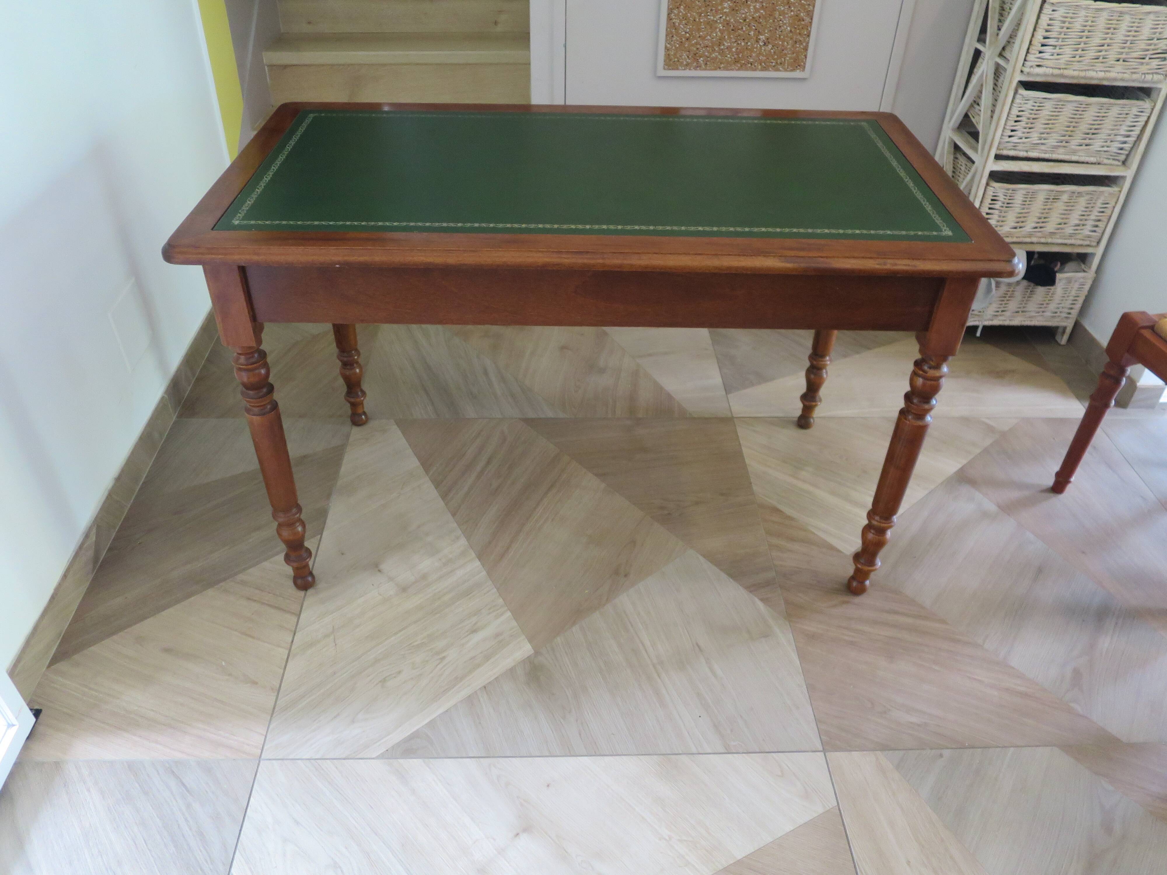 Minister's desk in Louis Philippe style – 2 drawers – cherry wood – green writing pad