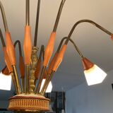 Scandinavian chandelier from the 60s in teak and opaline