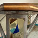Bureau, table en bois, fer forgé et vitraux