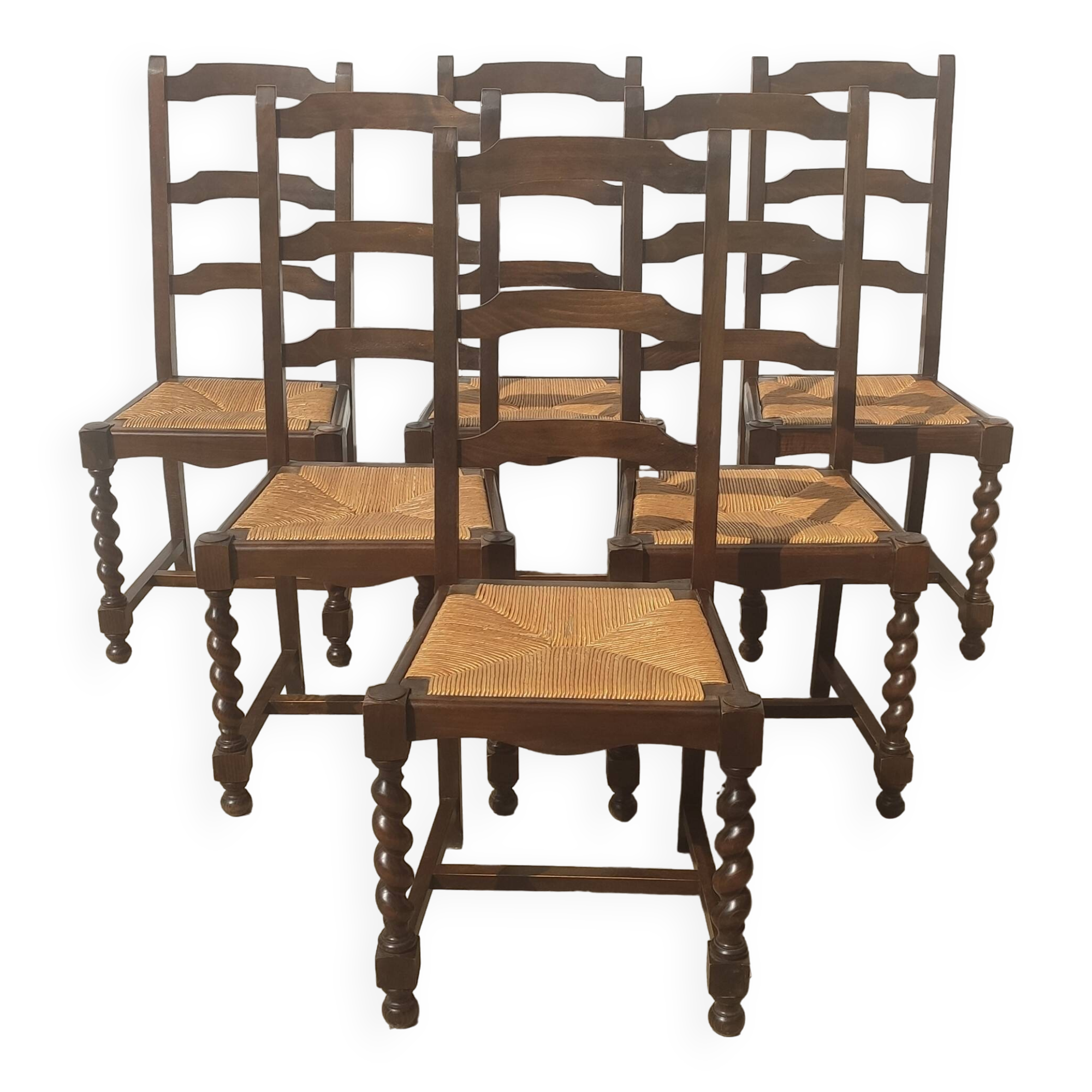 6 wooden and straw chairs, Louis XIII style