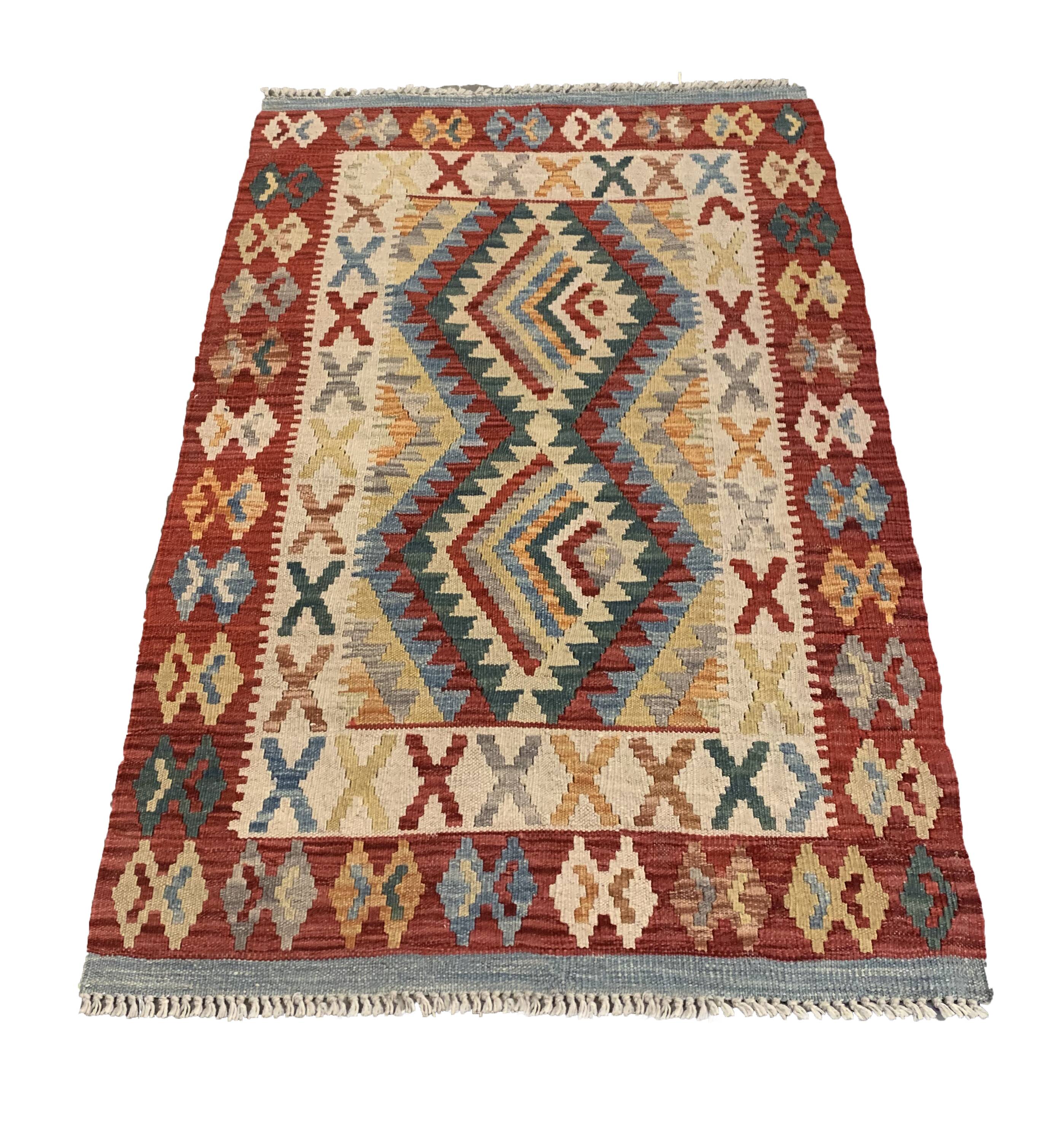 Tapis Kilim afghan fait main, tapis tribal géométrique en laine 83 x 130 cm