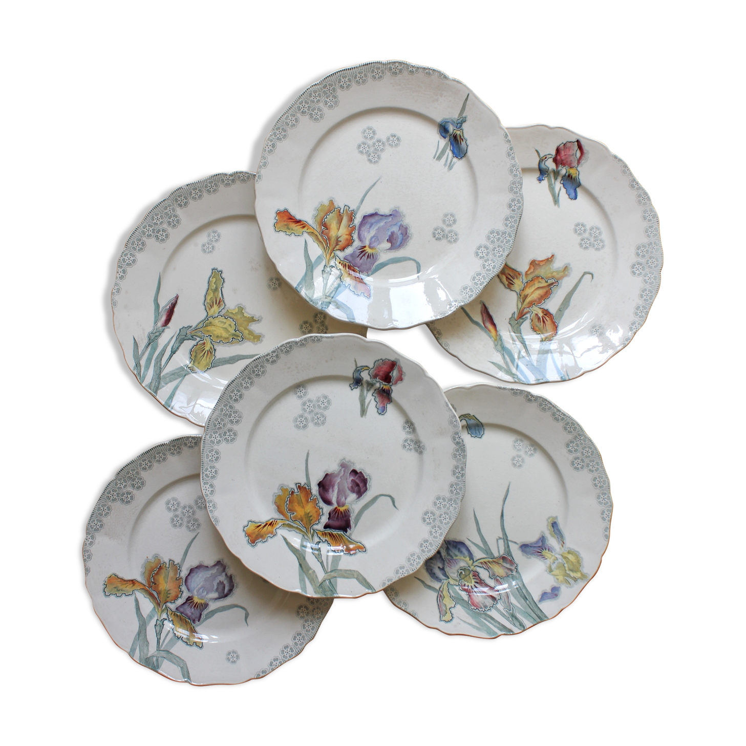 6 large flat plates in polychrome iron earth model "Iris" Choisy-le-Roi