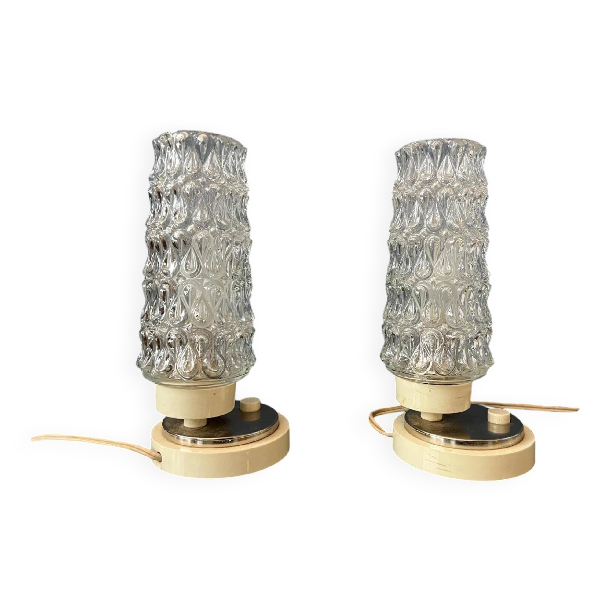 Set (2) of mid-century clear crystal glass bedside table lamps
