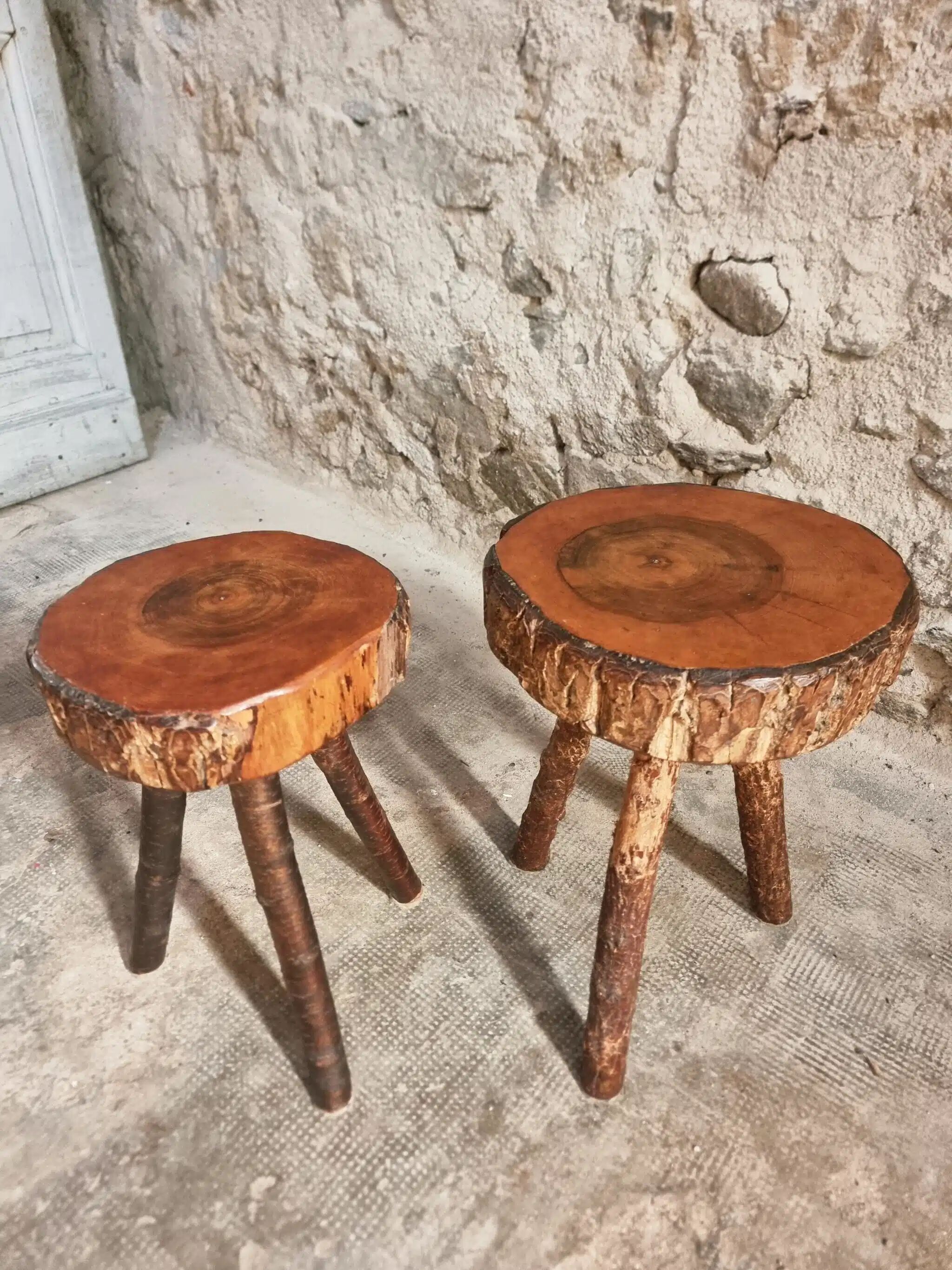 Vintage wooden tripod stools, set of 2, France 1960s