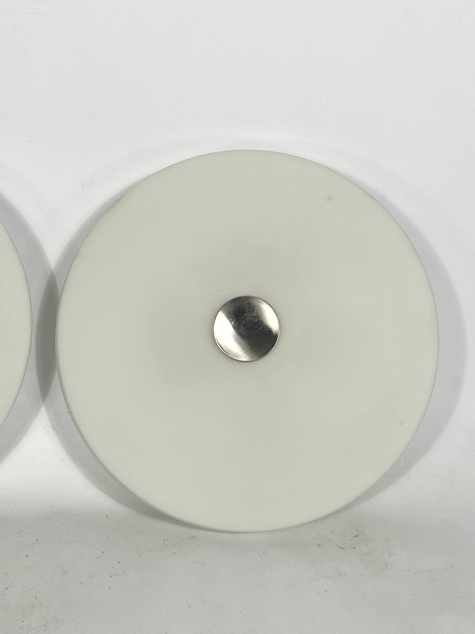 Stilux Milano, pair of round opaline glass ceiling lamps. 1960s
