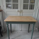 Table, desk Smoked green base, wooden top.