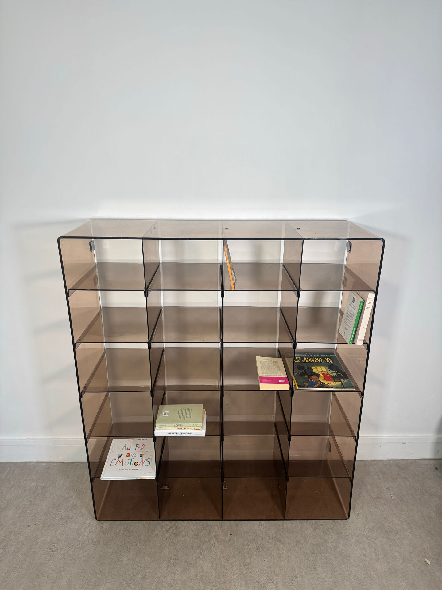 Shelf - library with 24 smoked plexiglass compartments by Michel Dumas