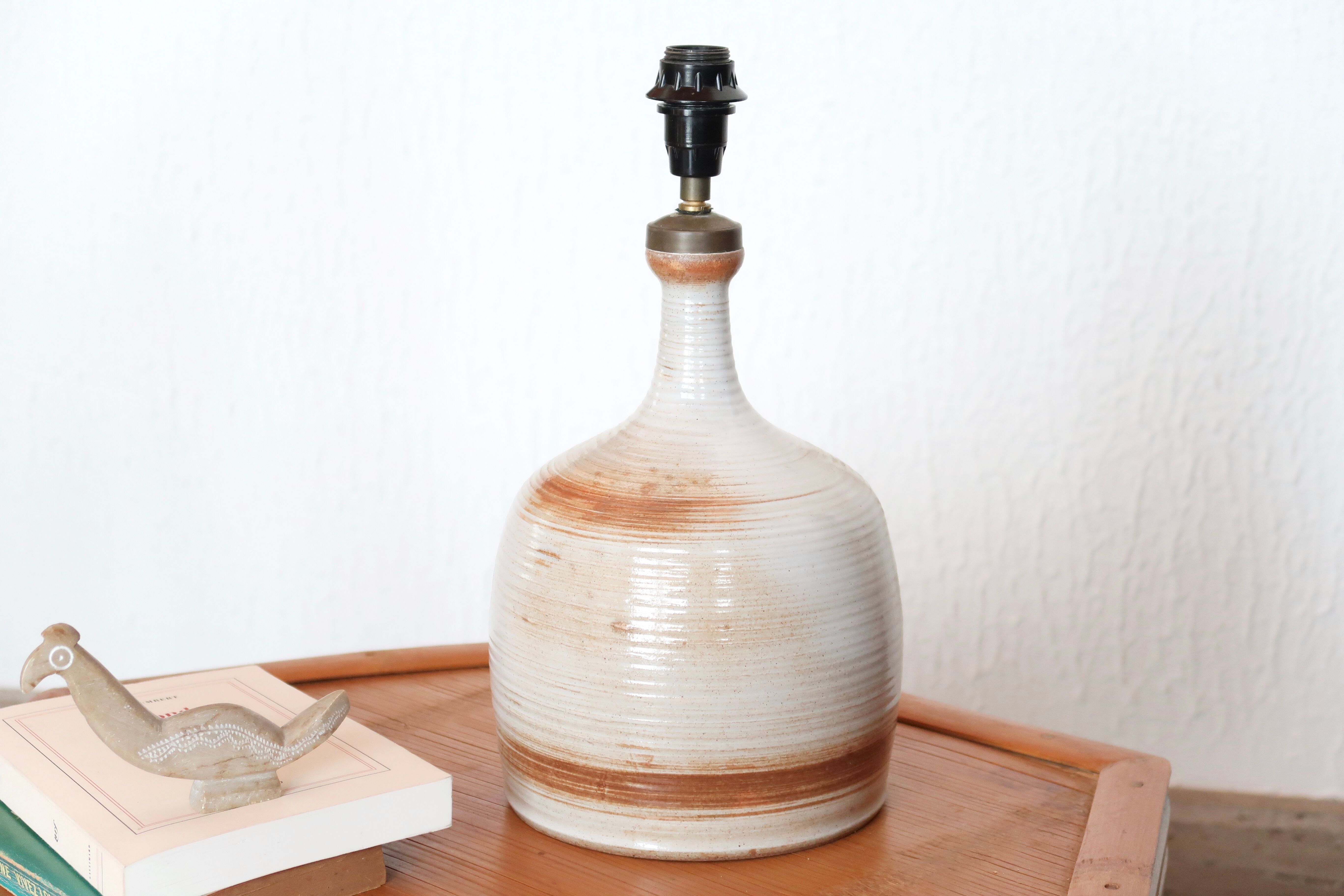 Lampe Grès du Marais, raffia lampshade, 60s