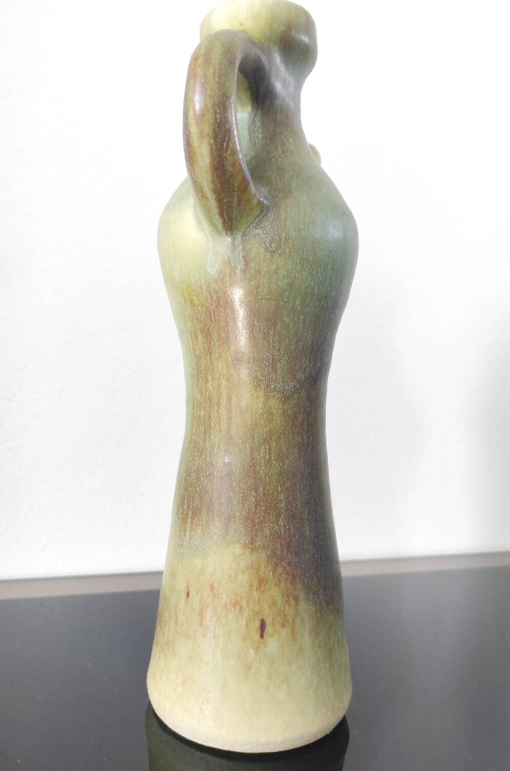Pichet / Soliflore vintage en céramique flammée – Vert olive & Brun (A