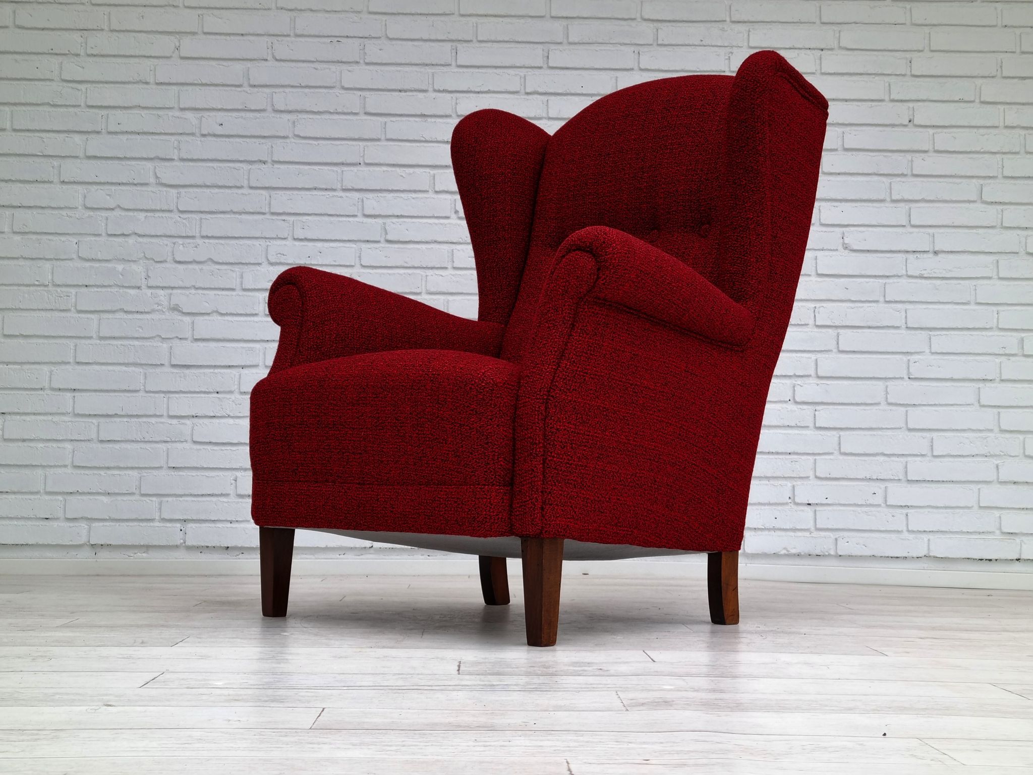 50s, Danish design, refurbished chair, furniture wool, mahogany wood
