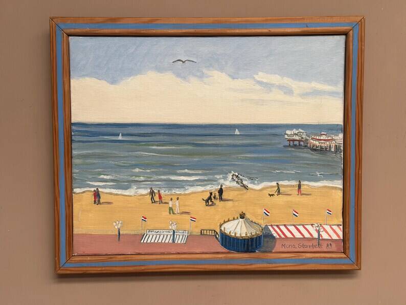 Original Swedish Oil on Canvas – "Day at the Beach" by Mona Starfelt – Signed – Dated 1989 – Framed