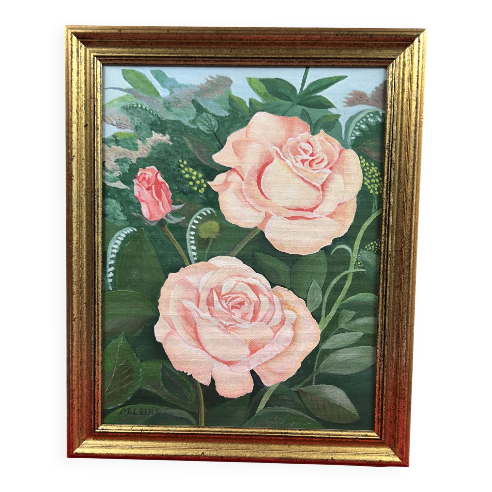 Oil on canvas, Kitsch - Roses lush greenery - Signed M. Louis