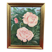 Oil on canvas, Kitsch - Roses lush greenery - Signed M. Louis