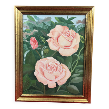 Oil on canvas, Kitsch - Roses lush greenery - Signed M. Louis