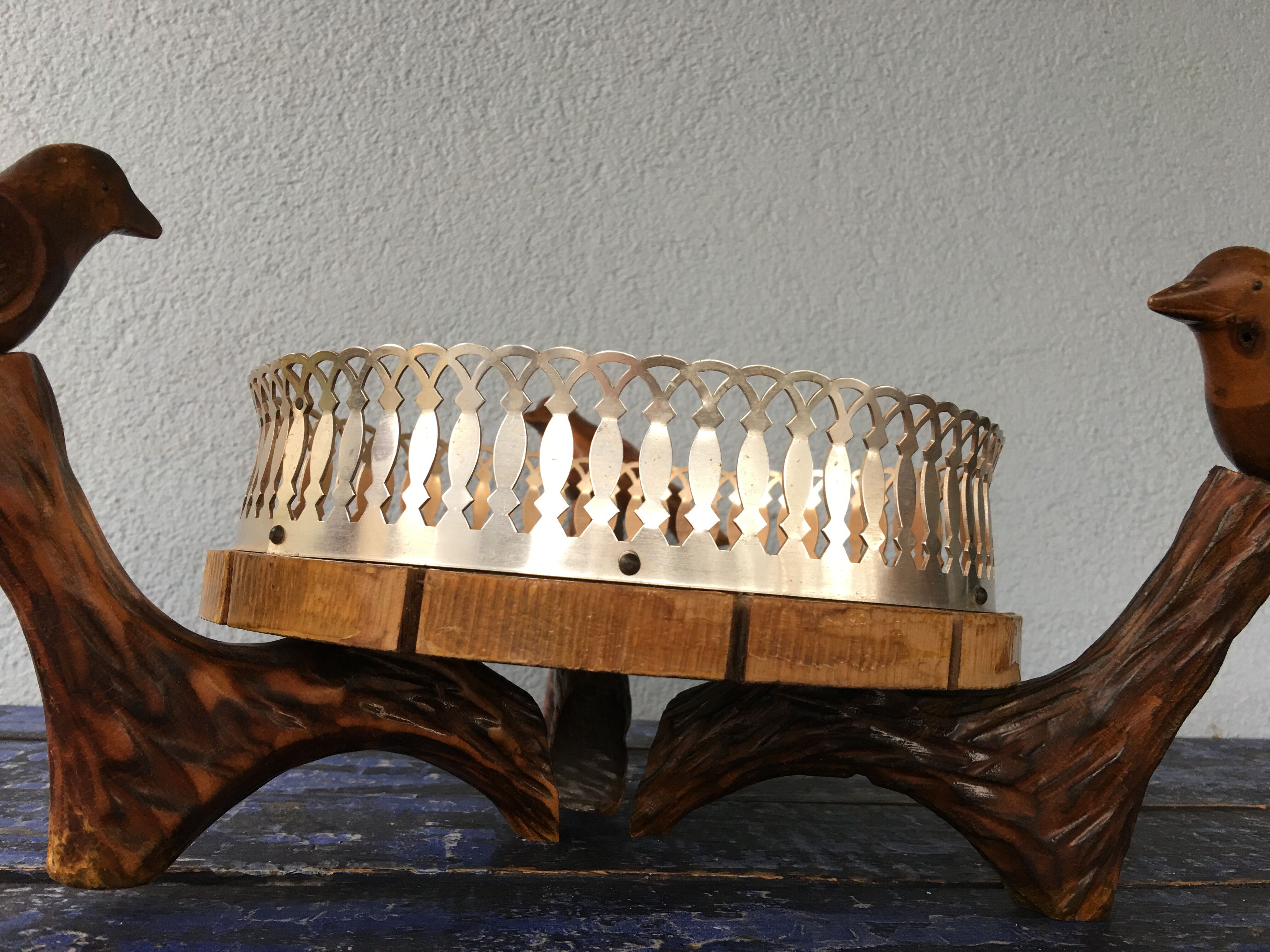 Center table cut, empty pocket, metal wood, vintage 1950