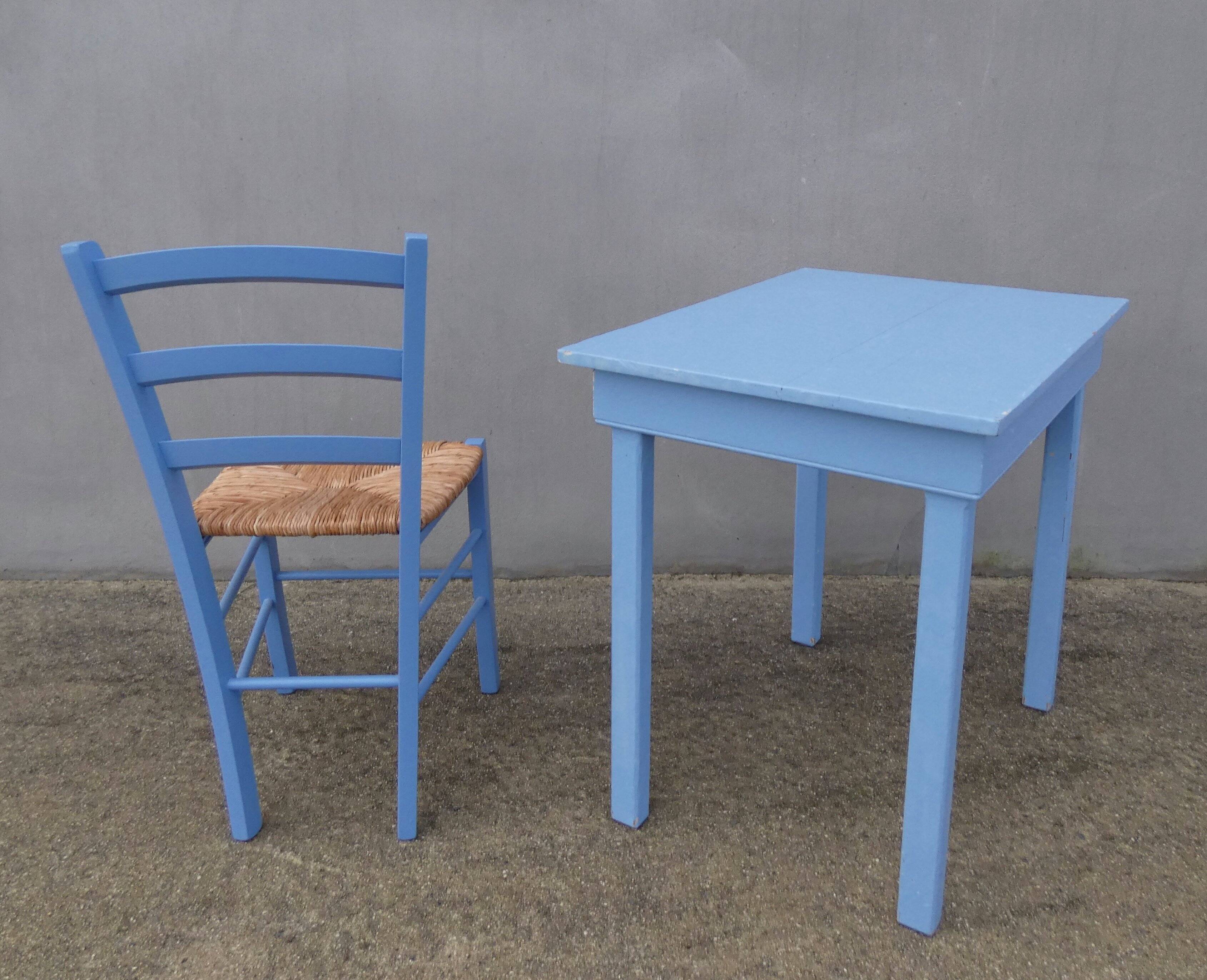 side table + blue wooden chair