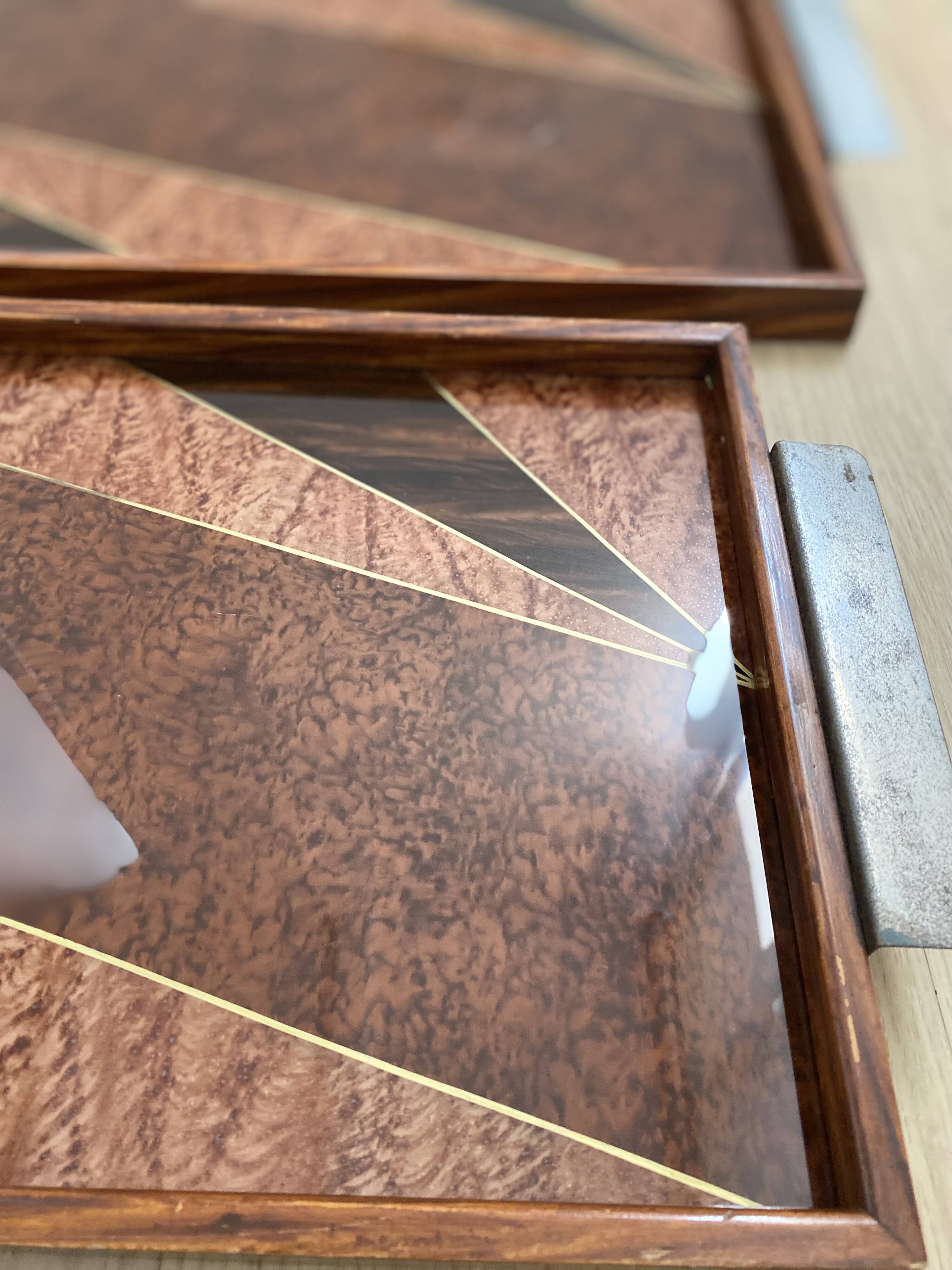 Duo of vintage wooden trays marked art deco