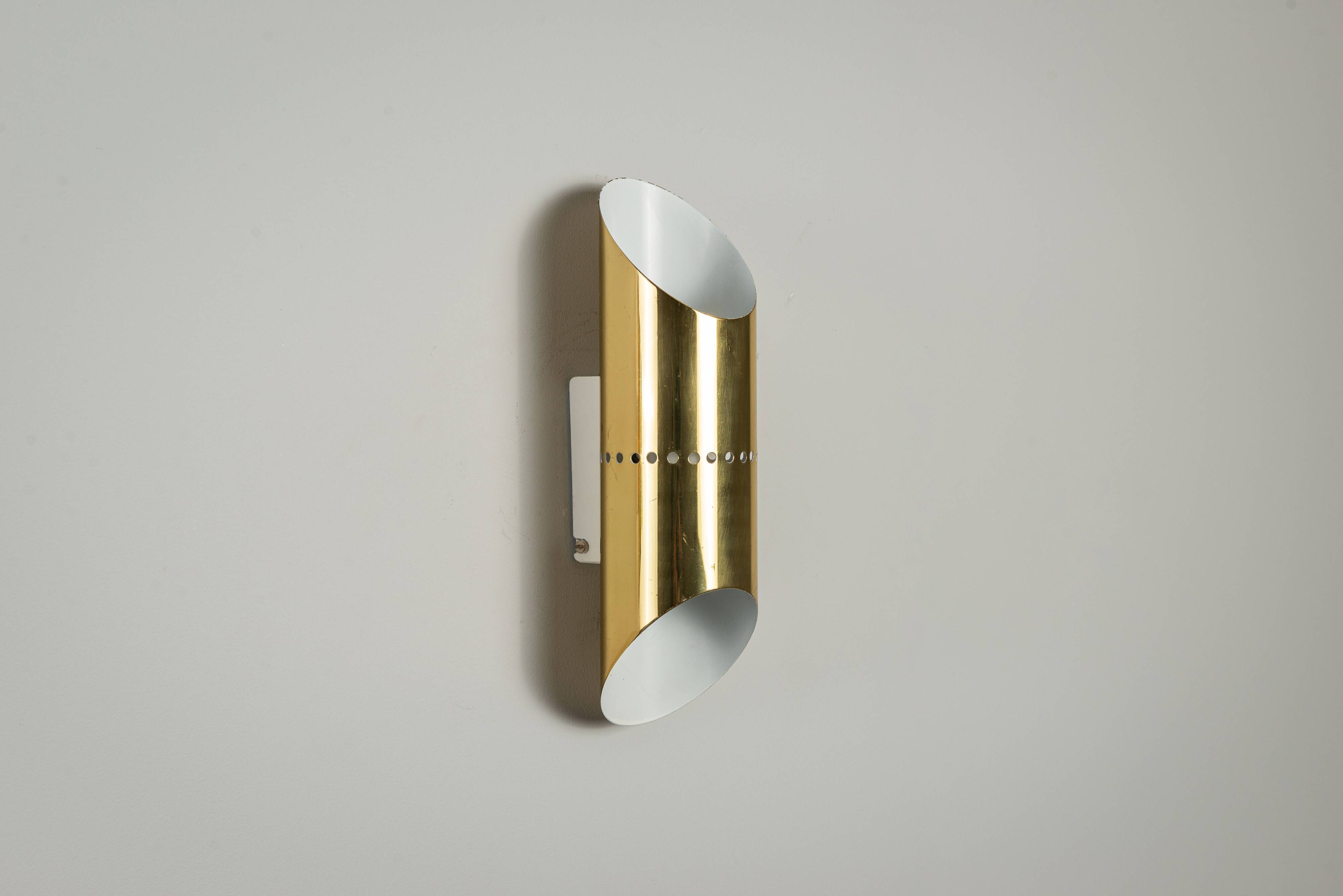 Pair of cylindrical wall lamps in brass with perforated shades