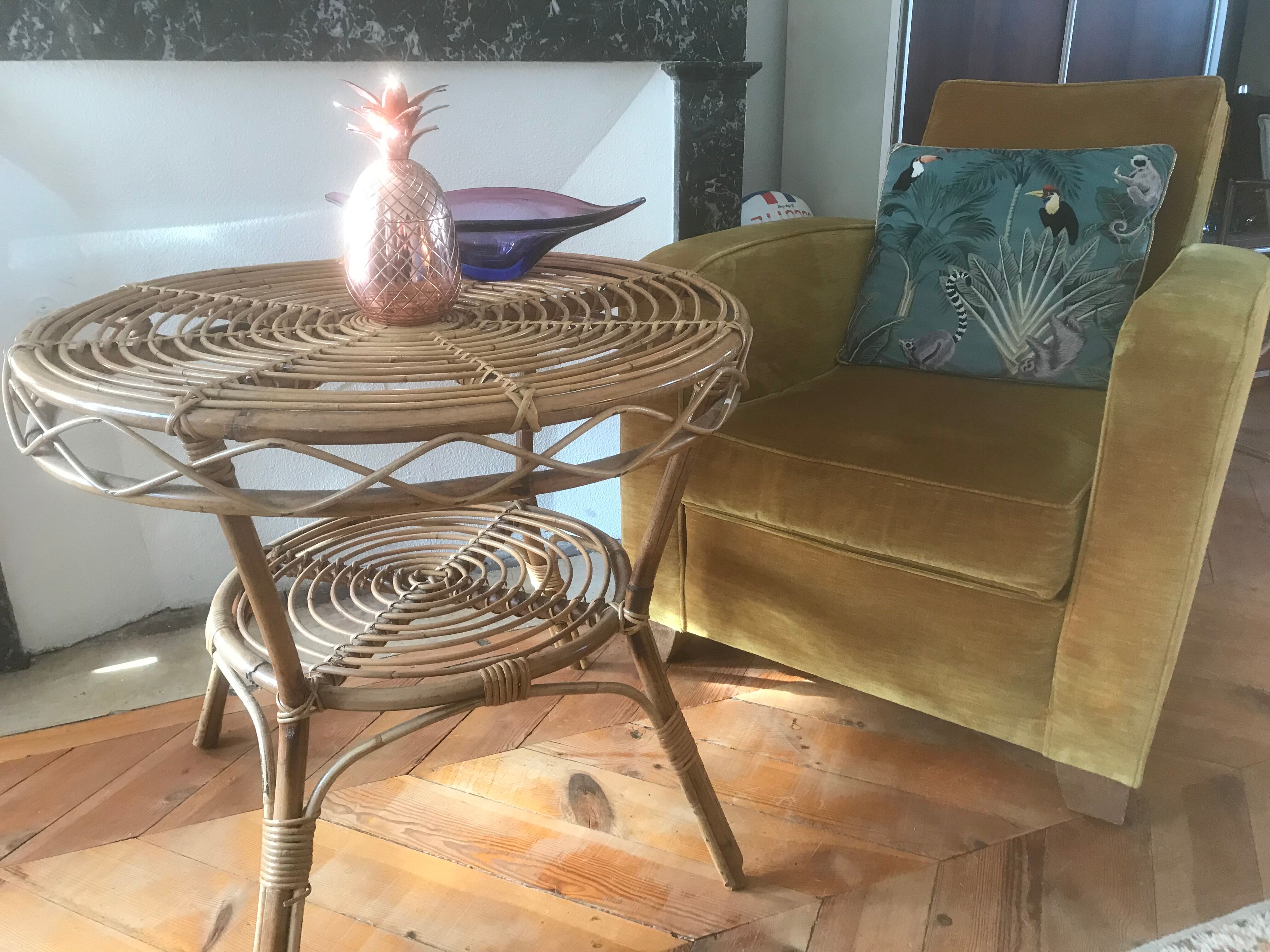 Vintage rattan round coffee table 1960