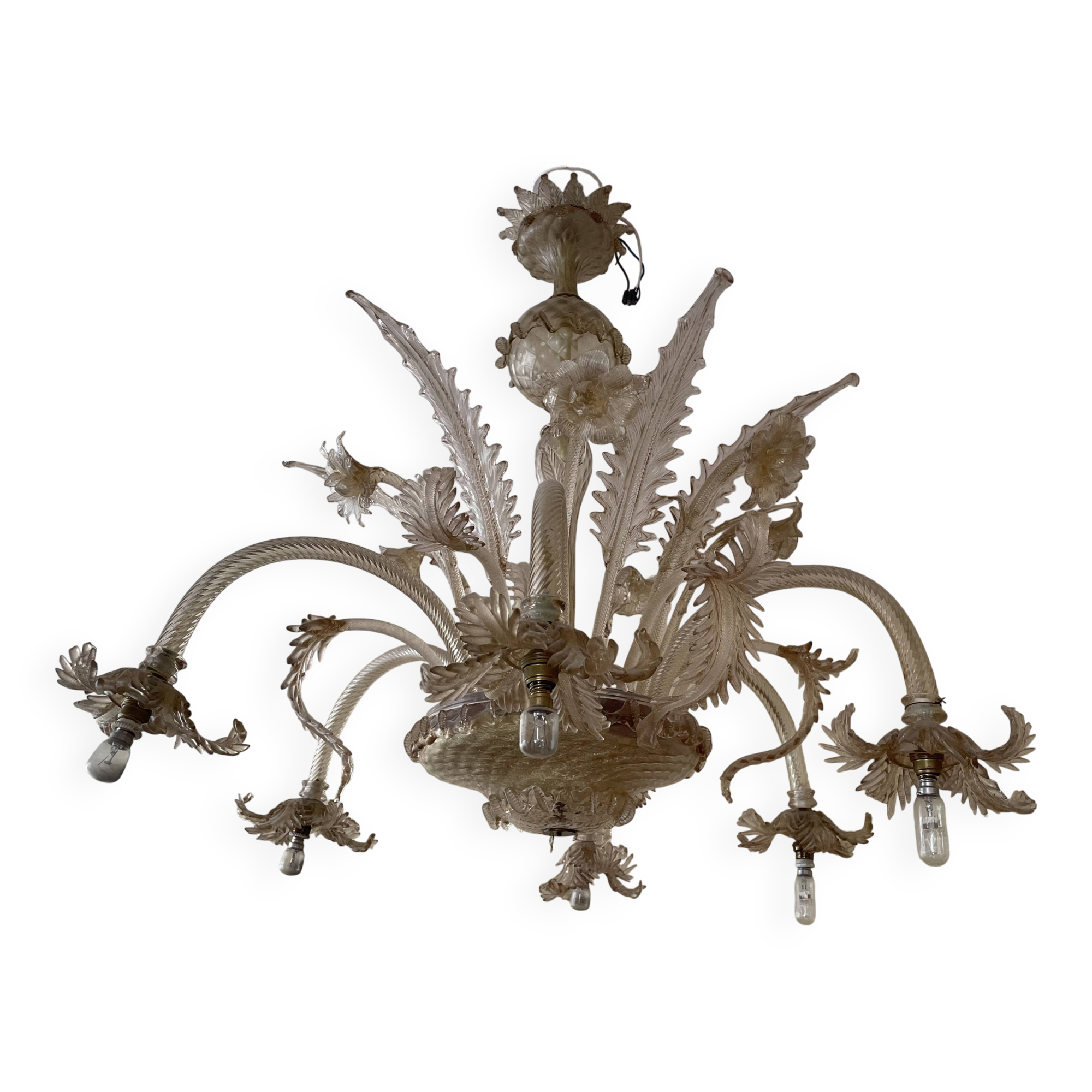 Vintage Venetian chandelier in Murano glass dusted with gold (6 arms)