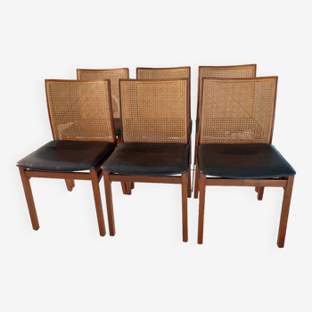 Suite de 6 chaises teck cannage Scandinave vintage  1970