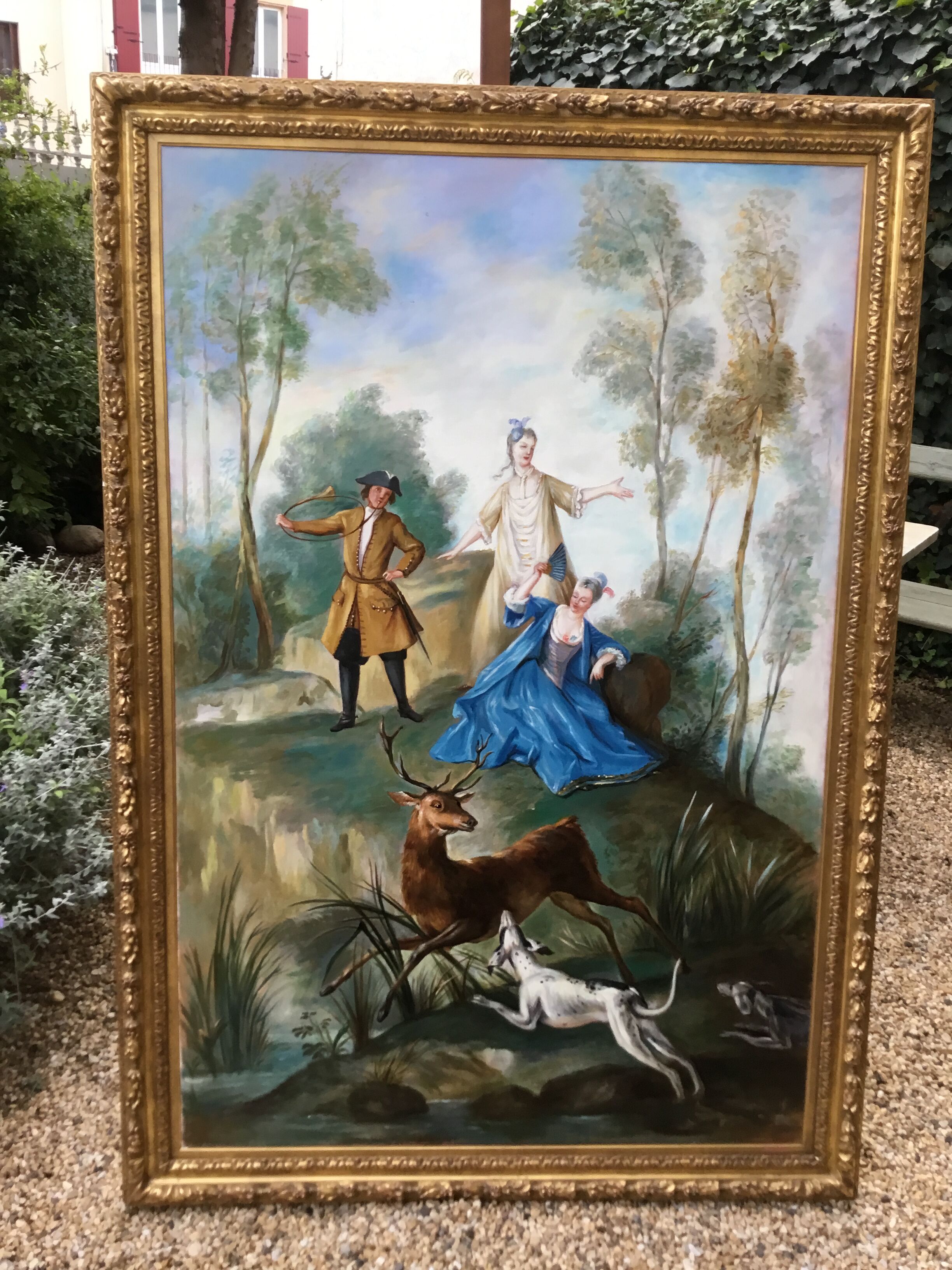 Large hunting painting after Oudry signed Dagher .oil on canvas framed