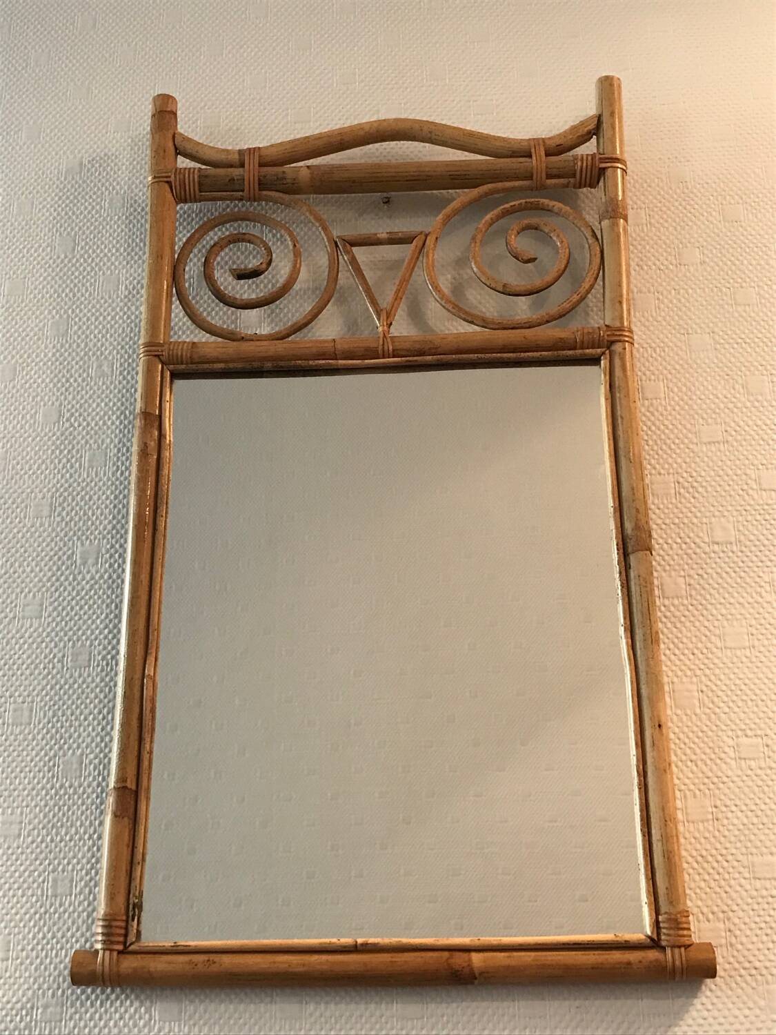 old rattan bamboo mirror owl shape vintage owl