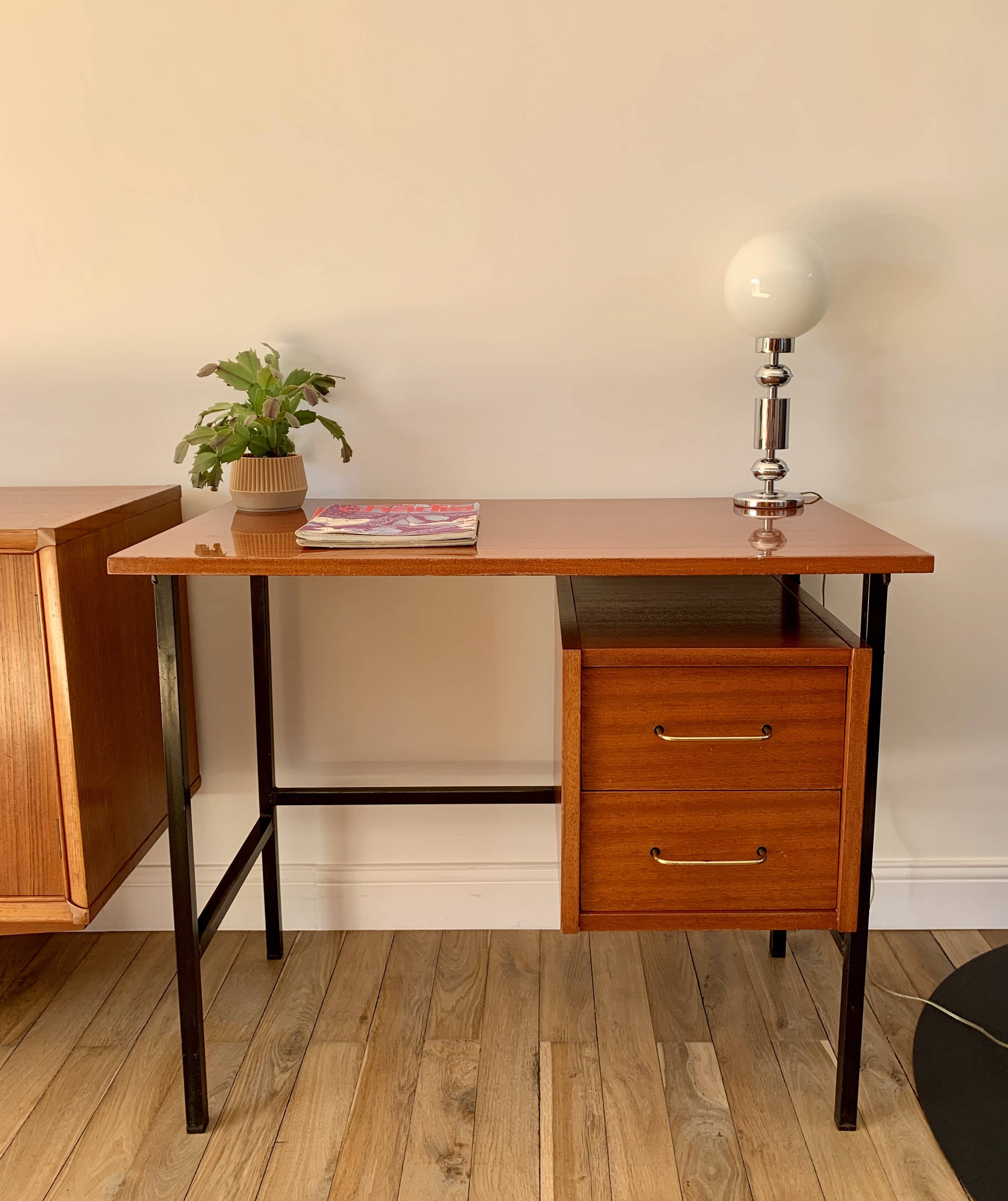 lacquered wood desk and black steel legs design from the 60s and 70s