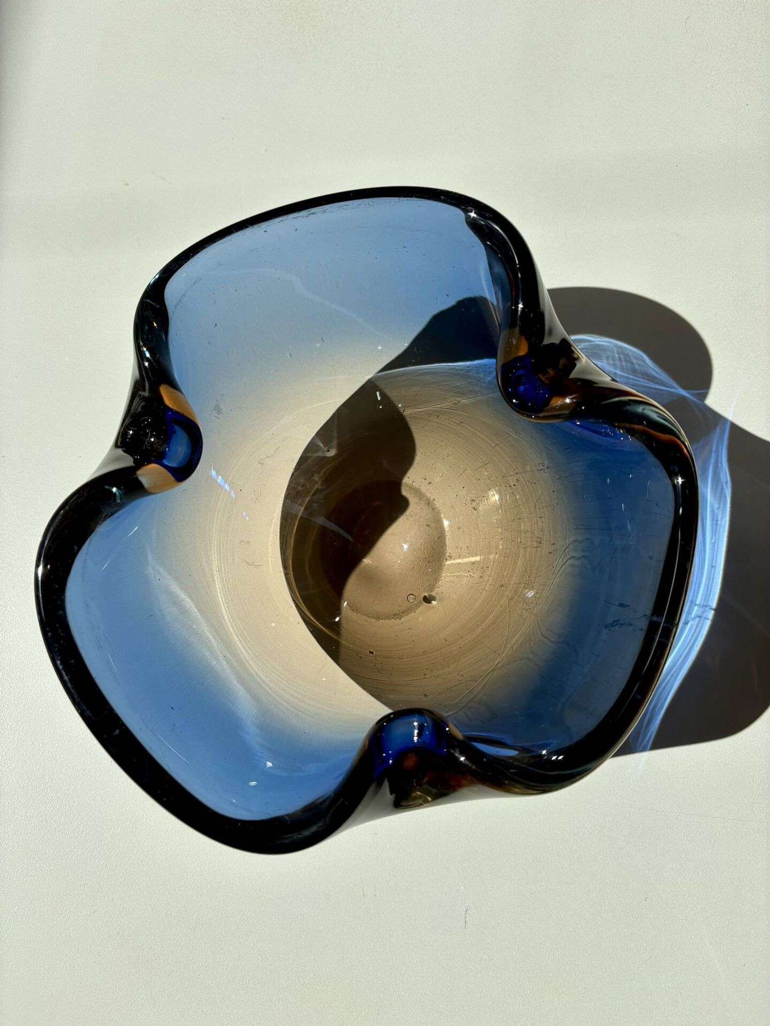 Blue and amber Murano glass ashtray/trinket dish 1960-70