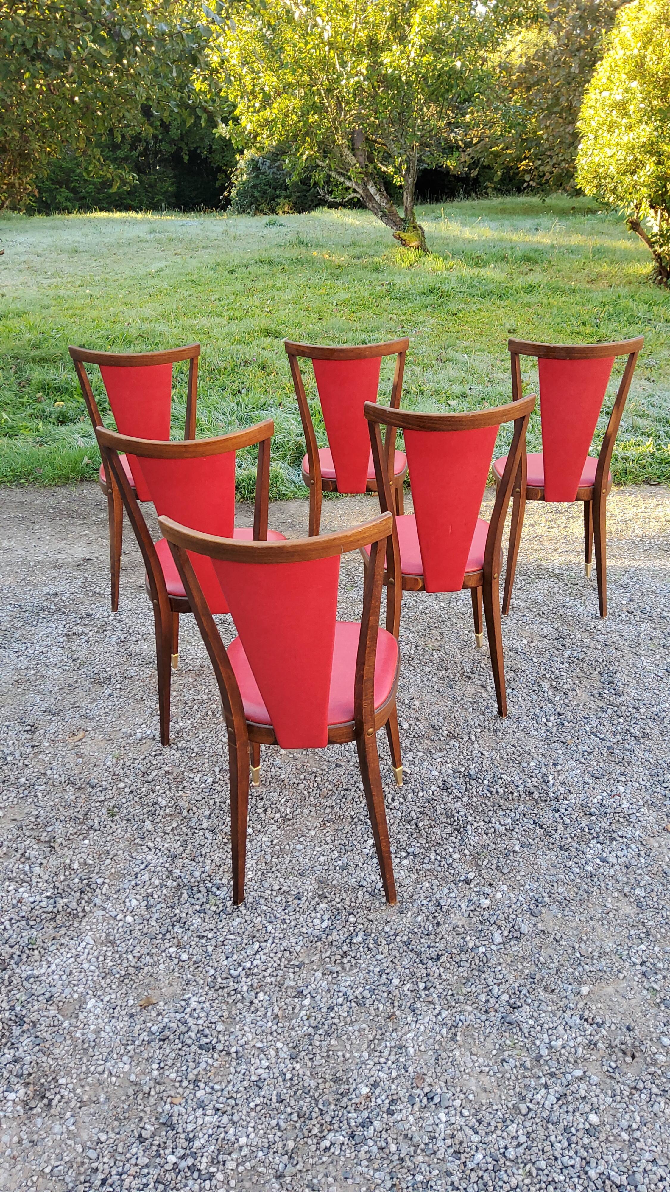 Set of 6 chairs from the 60s in red moleskine