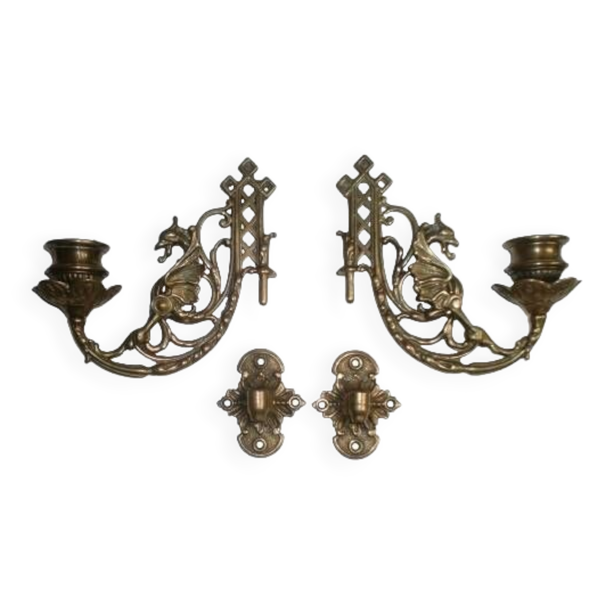 2x Art Nouveau Swivel Arm Piano or Wall Candle Holders Brass Dragon Griffin