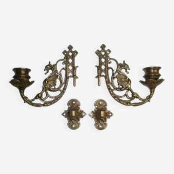 2x Art Nouveau Swivel Arm Piano or Wall Candle Holders Brass Dragon Griffin