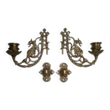 2x Art Nouveau Swivel Arm Piano or Wall Candle Holders Brass Dragon Griffin