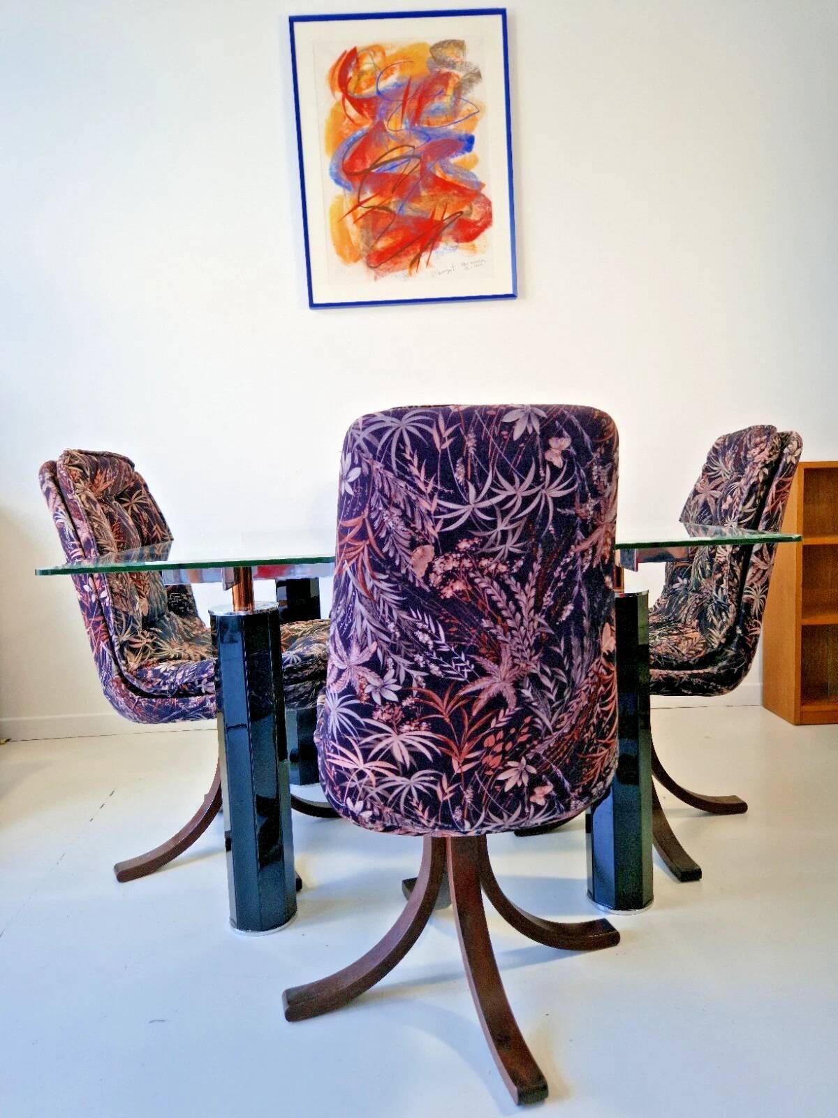 Table à manger en verre trempé vintage des années 1980 style Roche Bobois
