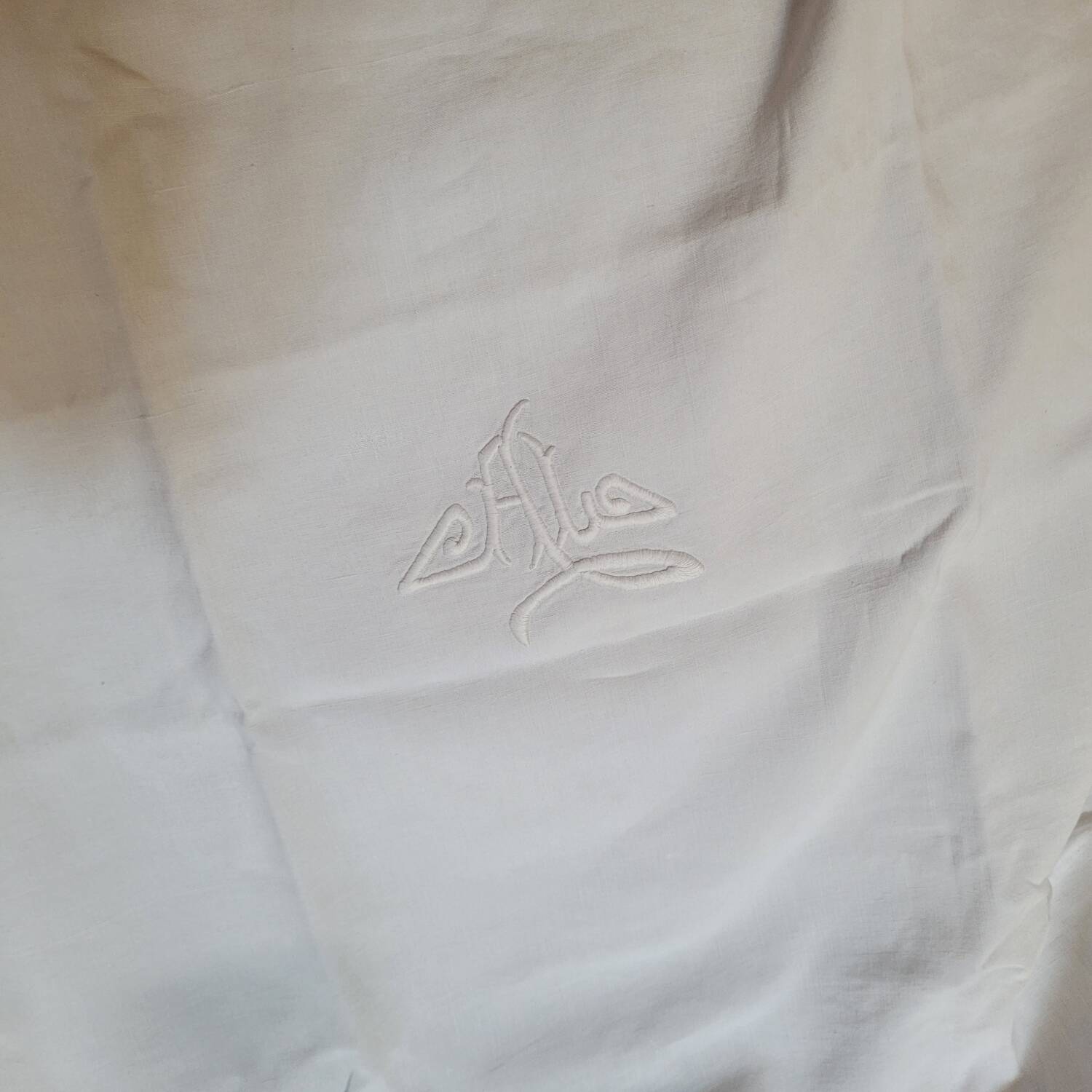 Large Monogrammed Pillowcase – Pure Cotton & Relief Embroidery – Early 20th Century