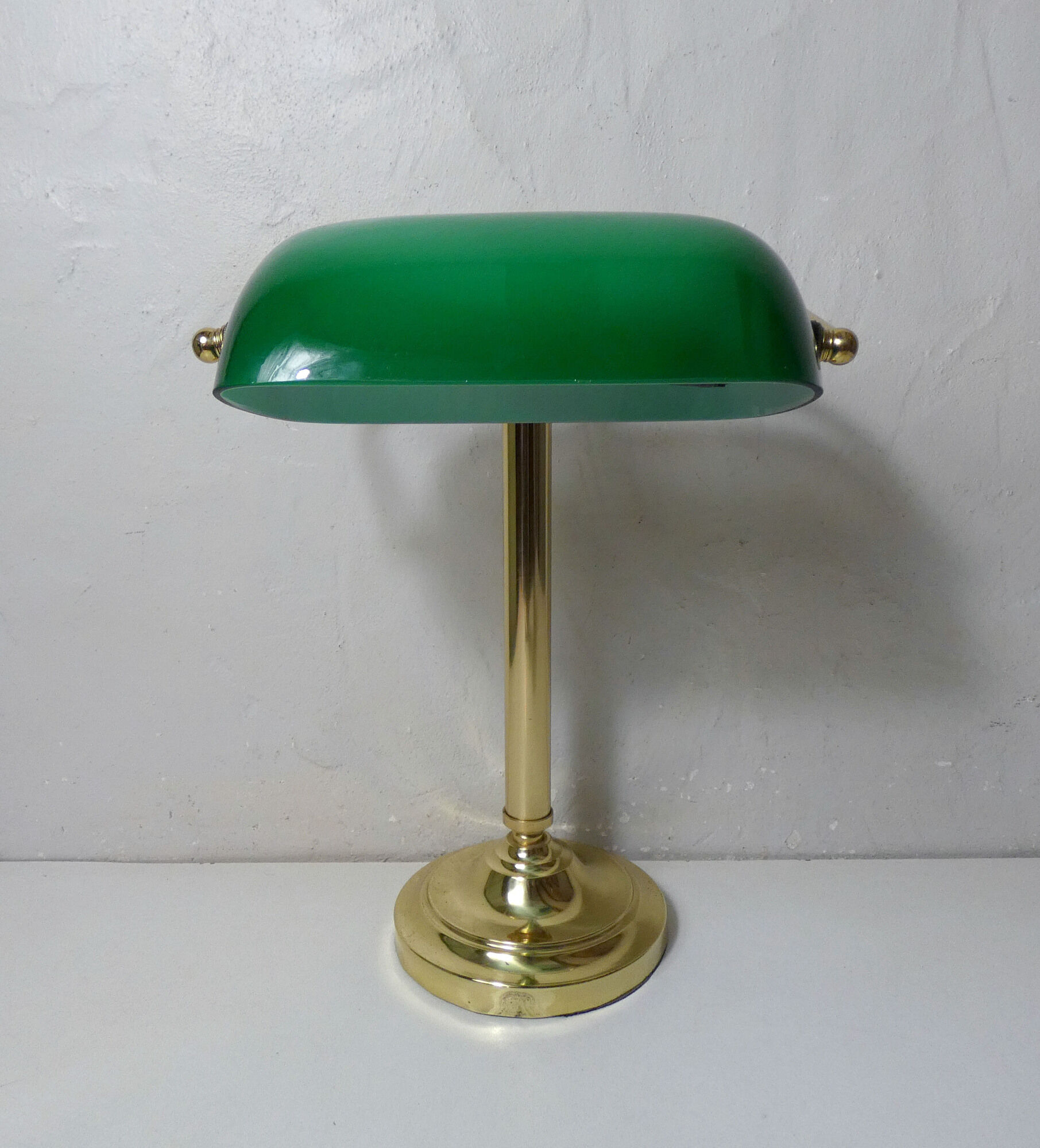 Brass green banker's lamp and vintage glass paste