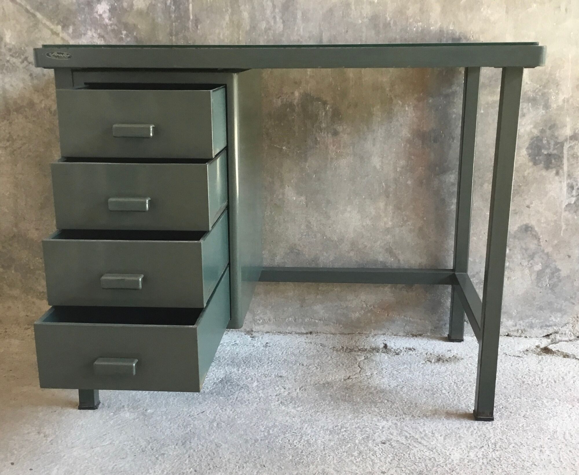Small metal industrial desk with column of 4 drawers - industrial - 1960